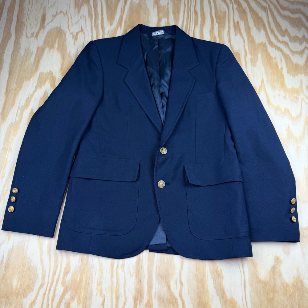 VTG Christian Dior Jeune Homme Navy Blue Blazer Gold Crest Button Sport Coat USA